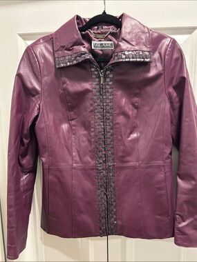 Guillaume Plum Genuine Leather Jacket with Woven Metallic Black Trim